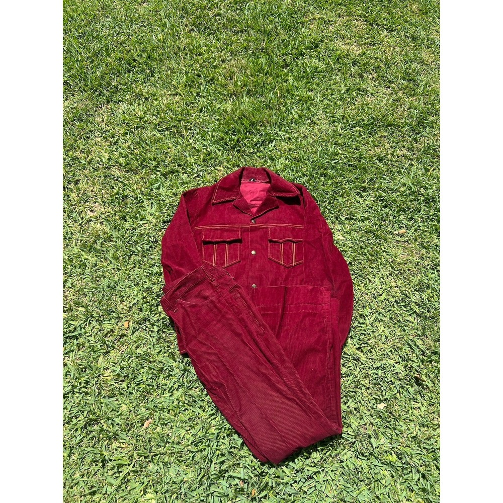 Vtg 70s Flare Pants Bell Bottoms 2 Piece Set 38 Mens 33x31.5 Burgundy Corduroy